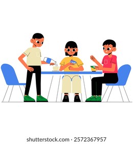 Kids Having Breakfast Together In Flat Vector Illustration Symbolizing Family Bonding, Nutrition, And Morning Routine, Isolated On White Background