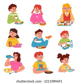 Kids Having Dinner Or Lunch In School Or Home. Boys And Girls Eating Fruits And Vegetables, Drinking Tea And Milk. Hotdog And Pasta, Porridge And Burger Snacks For Children. Vector In Flat Style