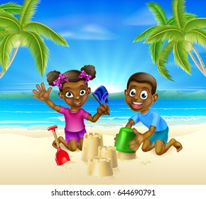 Kids having fun building sandcastles on a tropical beach with palm trees