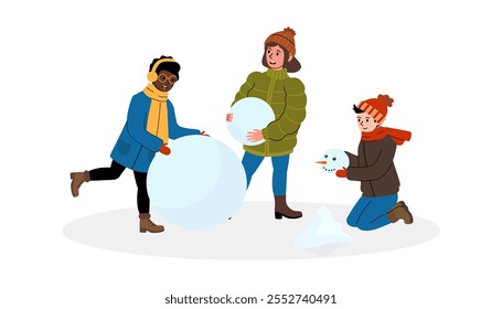 Kids having fun building snowmen together during winter break in a snowy landscape