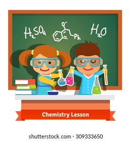 Kids having fun at chemistry lesson making experiment at the desk and chalkboard with formulas. Flat style cartoon vector illustration isolated on white background.