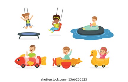 Kids Having Fun in Entertainment Park Vector Set