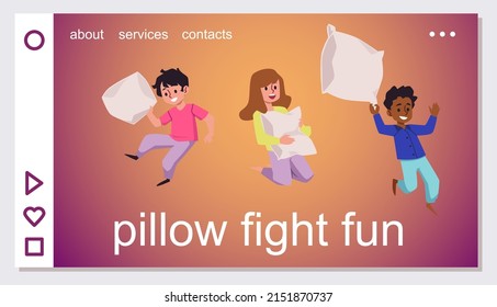 Kids having fun and fighting with pillows, landing page template, flat vector illustration. Friends spending time together. Children's pajama party concept.