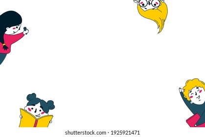 Kids are having fun. Girl is drawing, another one reads, boy feels joy. Background are cupcakes, tea and cookies. Vector flat illustration on white background for banner.