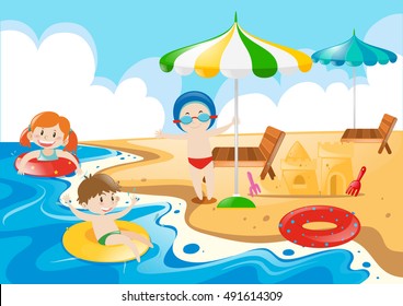 Kids having fun on the beach illustration