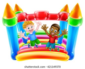 Kids having fun on a bouncy castle or house