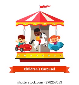 Kids having fun on a carnival carousel. Boys and girl riding on toy horse, plane and car whirligig. Flat vector cartoon illustration isolated on white background.