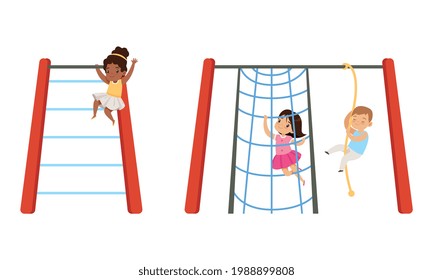 Kids Having Fun on Playground Set, Little Children Swinging on Swing and Climbing up Rope Ladder Cartoon Vector Illustration