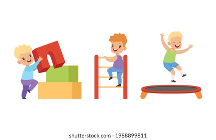 Kids Having Fun on Playground Set, Little Children Playing with Building Toy Blocks and Jumping on Trampoline Cartoon Vector Illustration