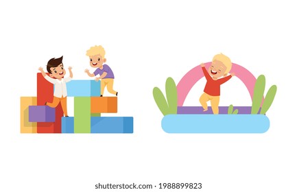 Kids Having Fun on Playground Set, Little Children Playing Toy Blocks and Jumping on Inflatable Trampoline Cartoon Vector Illustration