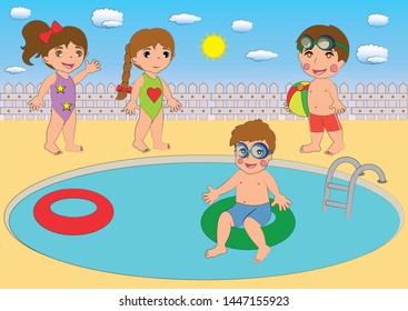 Kids are having fun on the pool. Cute children play at the pool - Vector