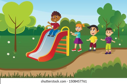 Kids Having Fun on Slide Flat Cartoon Vector Illustration. Little Boys and Girls on Outdoor Playground. Children Standing in Line to Slide on Nature Background. Summer Camp Activities.
