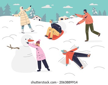 Kids having fun outdoors play snowballs, making snowman and snow angel. Happy children enjoy winter activities on christmas and new year holidays. Cartoon flat vector illustration