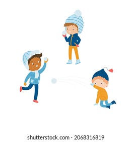 Kids having fun outside in winter. Boys playing snowball fight. Vector illustration. 