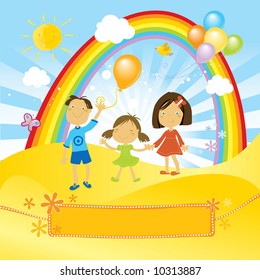 kids having a fun party with balloons in a sunny day. And a nice banner for your text.