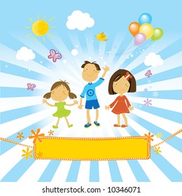 kids having a fun party with balloons in a sunny day. And a nice banner for your text.