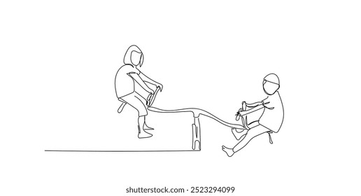 Kids having fun at playground. Cute kids playing seesaw together happily. 
 Single continuous line drawing boy and girl of preschool swinging on seesaw. Hand made vector not AI.