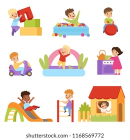 Kids having fun at playground set, boys and girls playing with toys, sliding down slide, climbing ladder vector Illustrations on a white background