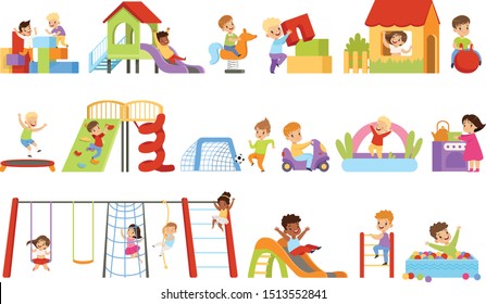 Kids having fun at playground set, boys and girls playing with toys, sliding down slide, climbing ladder vector Illustrations on a white background