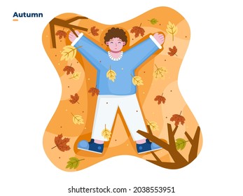 Kids having fun playing in the park while autumn season Vector Flat illustration. Hello October or Welcome autumn illustration. Can be used for greeting card, postcard, banner, poster, invitation, web