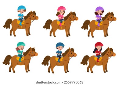 Kids having fun riding horses in a colorful and cheerful outdoor setting