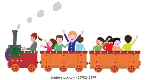 Kids having fun riding on a retro steam locomotive.