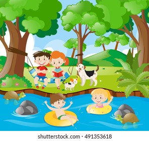 Kids having fun in the river illustration