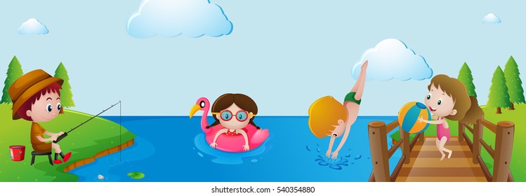 Kids having fun in the river illustration