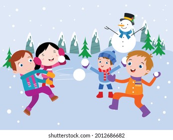 Kids having fun in snow cartoon 2d concept for banner, website, illustration, landing page, flyer, etc.