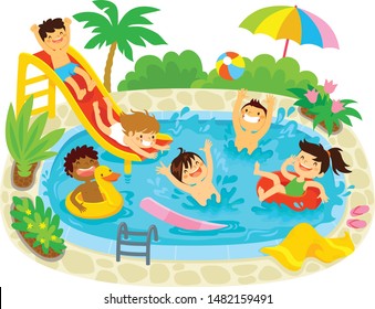 Kids having fun in a swimming pool with a water slide and floaties