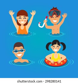 Kids having fun and swimming in the sea. Summer vacation concept. Flat style vector illustration.