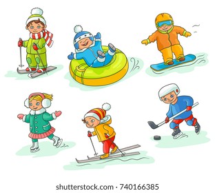 Kids having fun in winter - skiing, snowboarding, ice skating, playing hockey, sleighing, flat cartoon vector illustration isolated on white background. Hand drawn kids children - winter activities