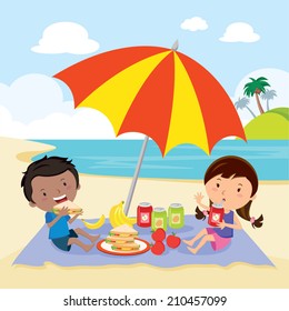 Kids having picnic. Children enjoying a picnic in the summer.