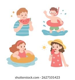 Kids having summer fun: eating watermelon, swimming with snorkel gear, floating in a ring, and enjoying an ice cream under the sun. Vector illustrations set.