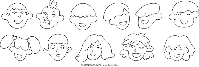 kids heads set in linear doodle style. illustration for postcard sticker poster print icon design mail