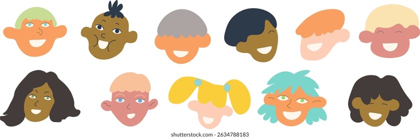 kids heads set in shape doodle style. illustration for postcard sticker poster print icon design mail
