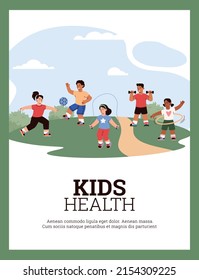 Kids Health Banner Or Poster Mockup With Kids Doing Sports, Flat Cartoon Vector Illustration. Sports Training And Physical School Lessons For Children.