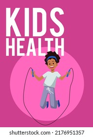 Kids health banner or poster template with child jumping rope, flat vector illustration. Card with happy child playing sport and doing physical exercise.