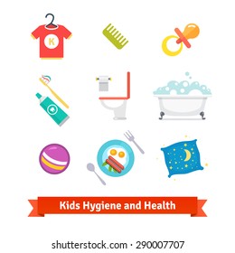 Kids Health And Hygiene Flat Vector Icons.