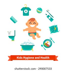 Kids health and hygiene icons. Baby boy, bubble bath, toilet, breakfast, pillow, toothbrush and toothpaste. Flat style vector icons set.