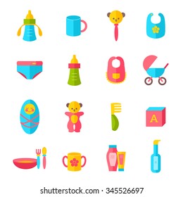 Kids health and hygiene icons. Baby boy, breakfast, cute toys, pram, baby cosmetics, nappy. Flat style vector icons set isolated on white