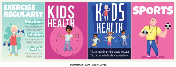 Kids health and physical education banners or posters set, flat vector illustration. Sports and healthy physical development of children banners or cards concept.