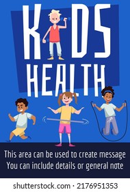 Kids Health Poster Template With Diverse Children Go In For Sports, Flat Vector Illustration. Boy Lifts Dumbbells, Girls Twist Hula Hoop And Jump With Rope. Physical Education And Sport At School.