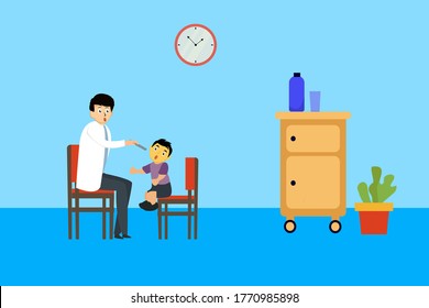 Kids health vector concept: Male pediatrician doctor checking up the boy's mouth with flashlight. Medical appointment in the specialist's office. 