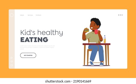 Kids Healthy Eating Landing Page Template. Little African Boy Eating Burger and Drink Tea. Kid Eat Fastfood, Child Character Sitting at Wooden Table with Meals. Cartoon People Vector Illustration