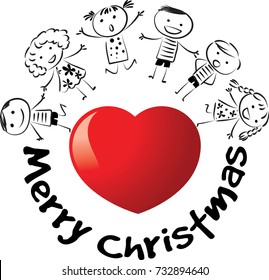 kids with heart shape and merry christmas text