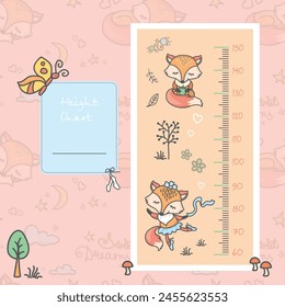 Kids height chart with adorable fox. Scale or meter with centimeter and wild animal. Body growing and development, measurement. Hand drawn doodle design, wall poster for preschoolers room. flat vector