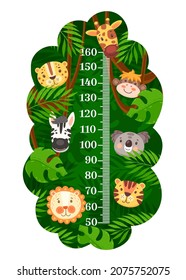 Kids height chart with African tropical cartoon animals vector background. Wall meter ruler scale of growth meter with funny monkey, lion, tiger and giraffe, zebra, jaguar, koala and palm leaves