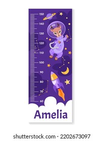 Kids height chart with animal astronaut in space suit, planets, spaceships, rockets, stars and moon. Meter wall or Growth ruler. Vector cartoon children illustration	
