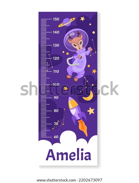 Kids height\
chart with animal astronaut in space suit, planets, spaceships,\
rockets, stars and moon. Meter wall or Growth ruler. Vector cartoon\
children illustration	\
